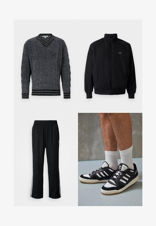 Schwarze Jacke mit Reißverschluss und hohem Kragen, aus leichtem Material gefertigt. Verfügt über elastische Bündchen und einen elastischen Saum, mit einem kleinen Logo oben links.; Grauer gestrickter Pullover mit Kabelmuster. V-Ausschnitt-Design, schwarzes Rippbündchen am Kragen und den Säumen. Hat ein kleines schwarzes Logo auf der Brust.; Schwarze Sporthosen mit elastischem Bund, ausgestattet mit weißen Seitenstreifen und einem kleinen Logo. Das Material wirkt weich und leicht.; Schwarz-weiße Sneaker mit einem Obermaterial aus Wildleder und Leder, ausgestattet mit drei weißen Streifen, einer perforierten Zehenpartie und einer Sohle aus Gummi.
