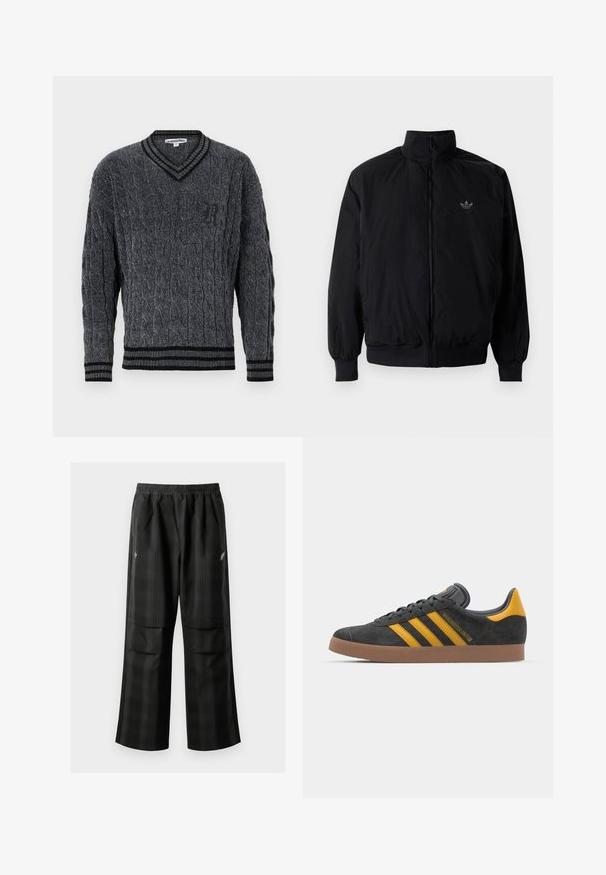 Schwarze Jacke mit Reißverschluss und hohem Kragen, aus leichtem Material gefertigt. Verfügt über elastische Bündchen und einen elastischen Saum, mit einem kleinen Logo oben links.; Grauer gestrickter Pullover mit Kabelmuster. V-Ausschnitt-Design, schwarzes Rippbündchen am Kragen und den Säumen. Hat ein kleines schwarzes Logo auf der Brust.; Schwarze karierte Hosen mit elastischem Bund, zwei Fronttaschen und lockerer Passform im geraden Beinschnitt. Hergestellt aus leichtem Material.; Schwarze Wildledersneaker mit gelben Akzenten, ausgestattet mit drei Streifen und einer braunen Gummisohle. Enthält eine gepolsterte Zunge für zusätzlichen Komfort.