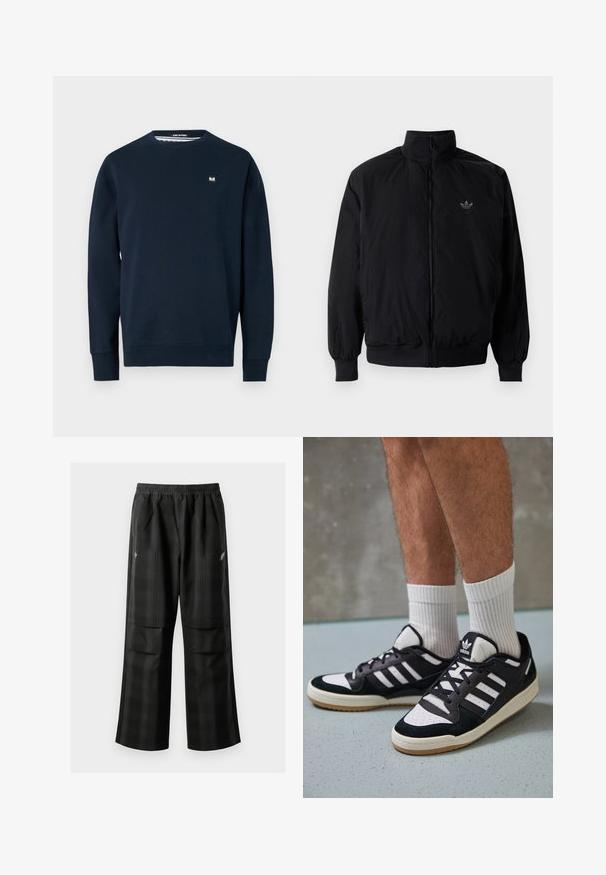 Schwarze Jacke mit Reißverschluss und hohem Kragen, aus leichtem Material gefertigt. Verfügt über elastische Bündchen und einen elastischen Saum, mit einem kleinen Logo oben links.; Dunkelblaues Sweatshirt aus weichem Stoff, mit Rundhalsausschnitt, langen Ärmeln und einem kleinen Markenpatch auf der Brust. Glatte Textur.; Schwarze karierte Hosen mit elastischem Bund, zwei Fronttaschen und lockerer Passform im geraden Beinschnitt. Hergestellt aus leichtem Material.; Schwarz-weiße Sneaker mit einem Obermaterial aus Wildleder und Leder, ausgestattet mit drei weißen Streifen, einer perforierten Zehenpartie und einer Sohle aus Gummi.