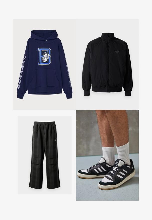 Black zipped jacket with high collar, made of lightweight material. Features elastic cuffs and waistband, with a small logo on the upper left.; Navy blue hoodie made of cotton, featuring a large graphic of a character and letter "D." Includes a front pocket and white text on sleeves.; Black plaid pants featuring an elastic waistband, two front pockets, and a loose fit with a straight leg design. Made from lightweight material.; Black and white sneakers with a suede and leather upper, featuring three white stripes, a perforated toe, and a gum rubber sole.