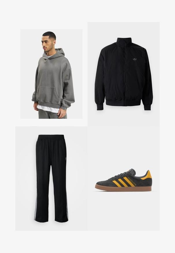 Black zipped jacket with high collar, made of lightweight material. Features elastic cuffs and waistband, with a small logo on the upper left.; DEF HERREN - Hoodie - anthracite washed; Black athletic pants with an elastic waistband, featuring white side stripes and a small logo. Material appears soft and lightweight.; Black suede sneaker with yellow accents, featuring three stripes and a brown rubber sole. Includes a padded tongue for comfort.