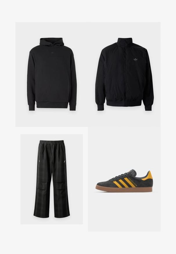 Schwarze Jacke mit Reißverschluss und hohem Kragen, aus leichtem Material gefertigt. Verfügt über elastische Bündchen und einen elastischen Saum, mit einem kleinen Logo oben links.; Schwarzer Kapuzenpullover aus Baumwollmischung; verfügt über eine Kängurutasche, gerippte Bündchen und ein kleines Logo auf der Brust. Weicher Stoff, lässiges Design.; Schwarze karierte Hosen mit elastischem Bund, zwei Fronttaschen und lockerer Passform im geraden Beinschnitt. Hergestellt aus leichtem Material.; Schwarze Wildledersneaker mit gelben Akzenten, ausgestattet mit drei Streifen und einer braunen Gummisohle. Enthält eine gepolsterte Zunge für zusätzlichen Komfort.