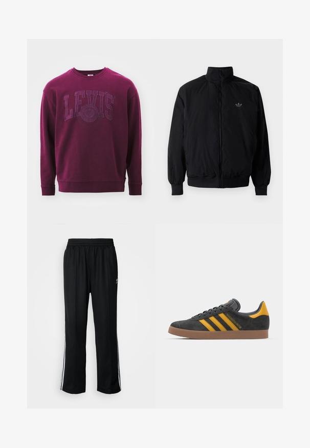 Giacca nera con zip e colletto alto, realizzata in materiale leggero. Presenta polsini e vita elastici, con un piccolo logo in alto a sinistra.; Felpa bordeaux con collo a giro, maniche lunghe e logo "LEVI'S" in rilievo sul petto. Realizzata in un morbido tessuto testurizzato.; Pantaloni da allenamento neri con elastico in vita, dotati di bande laterali bianche e un piccolo logo. Il materiale sembra morbido e leggero.; Sneaker in suede nero con dettagli gialli, dotato di tre strisce e una suola in gomma marrone. Include una linguetta imbottita per il comfort.
