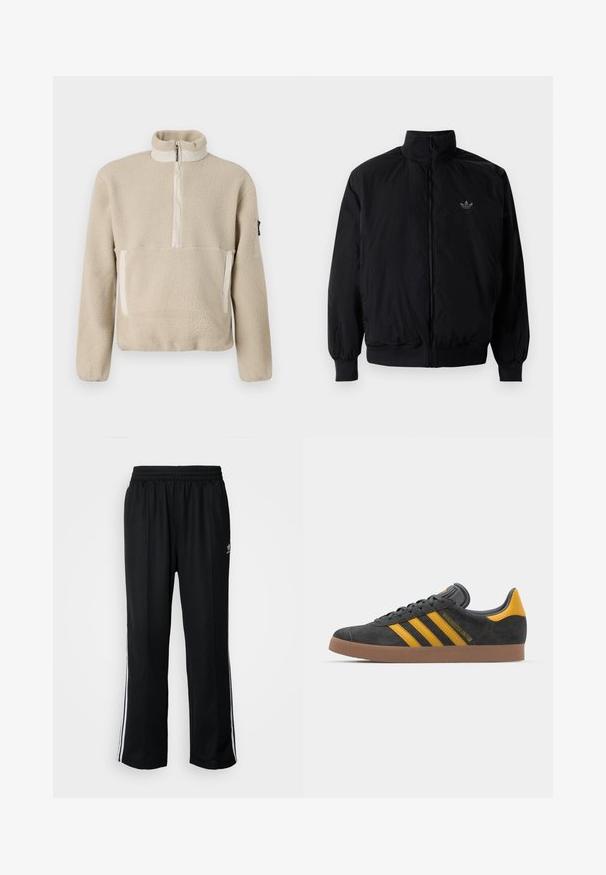 Black zipped jacket with high collar, made of lightweight material. Features elastic cuffs and waistband, with a small logo on the upper left.; Beige fleece pullover with high collar, quarter-zip front, and two front pockets. Textured fabric with contrasting beige accents.; Black athletic pants with an elastic waistband, featuring white side stripes and a small logo. Material appears soft and lightweight.; Black suede sneaker with yellow accents, featuring three stripes and a brown rubber sole. Includes a padded tongue for comfort.