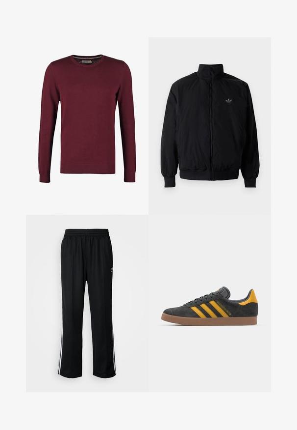 Giacca nera con zip e colletto alto, realizzata in materiale leggero. Presenta polsini e vita elastici, con un piccolo logo in alto a sinistra.; Maglione a girocollo color borgogna realizzato in tessuto liscio, con maniche lunghe e polsini e orlo a costine per un tocco di texture.; Pantaloni da allenamento neri con elastico in vita, dotati di bande laterali bianche e un piccolo logo. Il materiale sembra morbido e leggero.; Sneaker in suede nero con dettagli gialli, dotato di tre strisce e una suola in gomma marrone. Include una linguetta imbottita per il comfort.