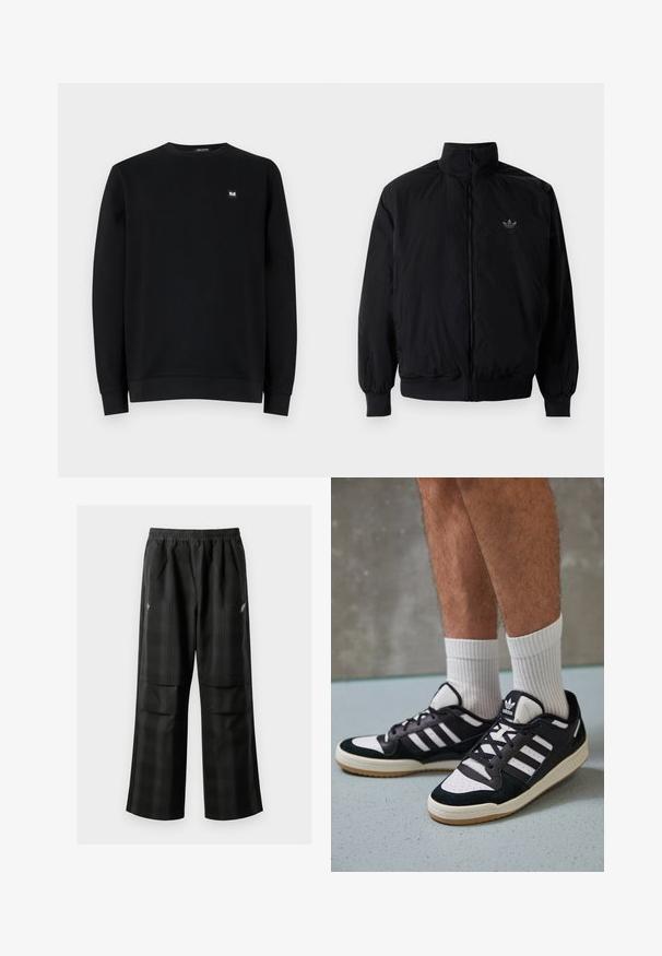 Black zipped jacket with high collar, made of lightweight material. Features elastic cuffs and waistband, with a small logo on the upper left.; Black sweatshirt, round neck, long sleeves, made of soft fabric. Features a small logo patch on the chest. Clean design, no patterns.; Black plaid pants featuring an elastic waistband, two front pockets, and a loose fit with a straight leg design. Made from lightweight material.; Black and white sneakers with a suede and leather upper, featuring three white stripes, a perforated toe, and a gum rubber sole.
