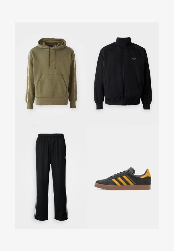 Černá zipová bunda s vysokým límcem, vyrobená z lehkého materiálu. Má elastické manžety a pas, s malým logem na horní levé straně.; Olivově zelená mikina s kapucí a přední kapsou, šňůrkou na stažení a kovovými růžovými akcenty na rukávech. Na hrudi má malé logo.; Černé sportovní kalhoty s elastickým pasem, s bílými bočními pruhy a malým logem. Materiál vypadá měkce a lehce.; Černé semišové tenisky se žlutými akcenty, vybavené třemi pruhy a hnědou gumovou podrážkou. Obsahují polstrovaný jazyk pro pohodlí.
