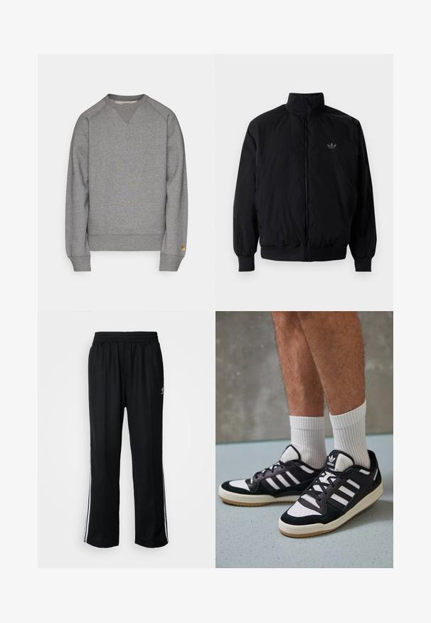 Zwarte geluiting jack met hoge kraag, gemaakt van lichtgewicht materiaal. Voorzien van elastische manchetten en tailleband, met een klein logo op de linkerbovenkant.; Carhartt WIP CHASE - Sweater - dark grey heather/gold; Zwarte sportbroeken met een elastische tailleband, voorzien van witte zijkanten en een klein logo. Het materiaal lijkt zacht en lichtgewicht te zijn.; Zwart-witte sneakers met een bovenwerk van suede en leer, voorzien van drie witte strepen, een geperforeerde neus en een rubberen gumzool.