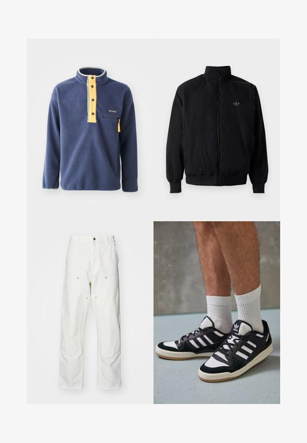 Svart zipjacka med hög krage, tillverkad av lätt material. Har elastiska cuffar och midja, med en liten logo på övre vänster.; Marinblå fleece-pullover med gul kvartdragkedja fram och grå detaljer. Har en bröstficka med dragkedja och en hög krage.; Vita bomullscargo Byxor med en avslappnad passform. Funktioner inkluderar framfickor, guld Accentdetaljer och förstärkta knäsektioner.; Svartvita sneakers med ovandel i mocka och läder, med tre vita ränder, perforerad tå och sula av gummigummi.