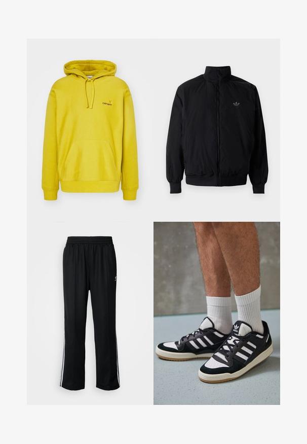 Sort lynlåsjakke med høj krave, fremstillet af letvægtsmateriale. Har elastiske manchetter og talje, med et lille logo på øverste venstre side.; Gul hættebluse lavet af en bomuldsblanding. Har en frontkangaroo lomme, ribbede manchetter og et lille logo på brystet.; Sorte træningsbukser med elastisk talje, der har hvide sidestænger og et lille logo. Materialet ser blødt og let ud.; Sorte og hvide sneakers med en overdel i ruskind og læder, der har tre hvide striber, en perforeret tå og en sål i gummigummi.