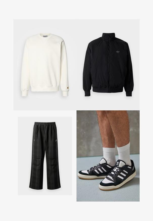 Musta vetoketjullinen takki, jossa on korkea kaulus, valmistettu kevyestä materiaalista. Varustettu joustavilla hihoilla ja vyötäröllä, ja ylävasemmalla on pieni logo.; Carhartt WIP CHASE - Collegepaita - wax/gold; Mustat ruudulliset housut, joissa on joustava vyötärö, kaksi etutaskua ja rento istuvuus suoralla lahkeella. Valmistettu kevyestä materiaalista.; Valkoiset ja mustat tennarit, joissa on mokkanahka- ja nahkapäällinen, kolme valkoista raitaa, rei'itetty kärki ja kumipohja.