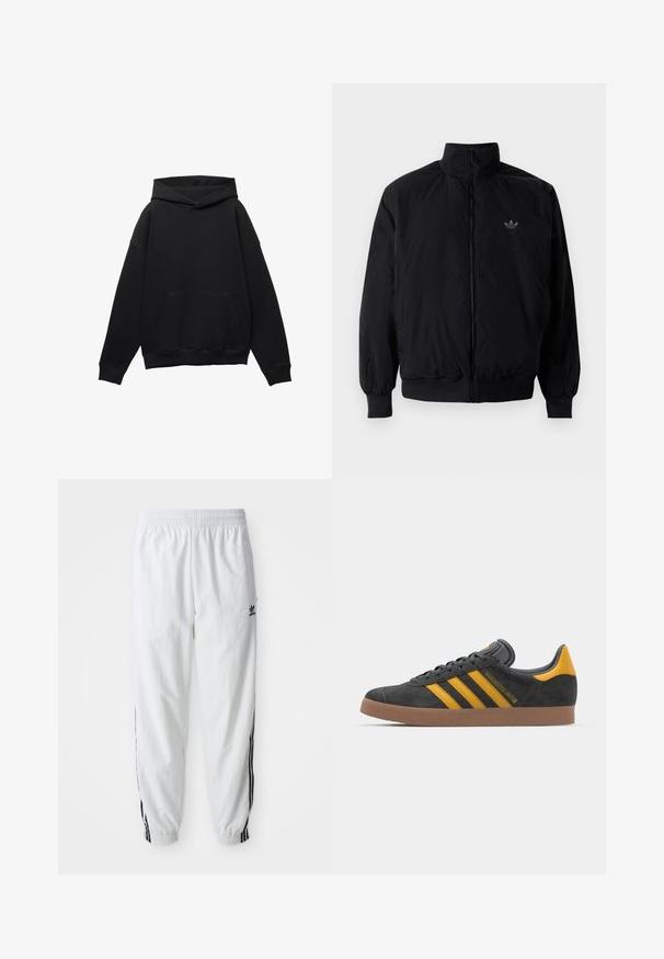 Czarna kurtka zapinana na zamek z wysokim kołnierzem, wykonana z lekkiego materiału. Posiada elastyczne mankiety i pas, oraz małe logo na górnej lewej stronie.; Czarna bluza z kapturem z miękkiego materiału, z przednią kieszenią, w oversize'owym kroju i z regulowanym kapturem. Posiada ribbowane mankiety i dół.; Białe spodenki sportowe z czarnymi paskami bocznymi, elastycznym pasem i mankietami; posiadają logo Adidasa na lewej udzie. Gładka tekstura materiału.; Czarne zamszowe sneakersy z żółtymi akcentami, z trzema paskami i brązową gumową podeszwą. Posiadają wyściełany język dla większego komfortu.