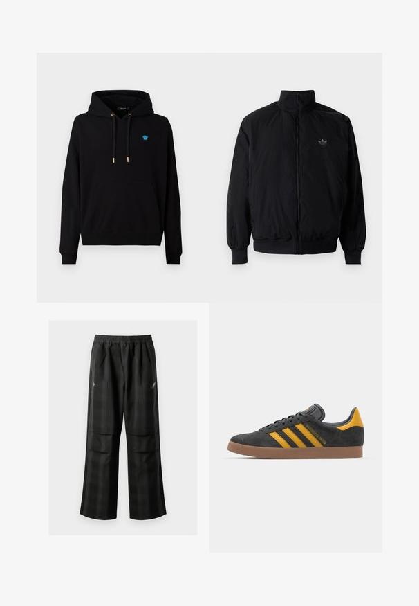 Black zipped jacket with high collar, made of lightweight material. Features elastic cuffs and waistband, with a small logo on the upper left.; Black hoodie made of cotton blend, features a front kangaroo pocket, drawstrings with gold tips, and a small blue logo on the chest.; Black plaid pants featuring an elastic waistband, two front pockets, and a loose fit with a straight leg design. Made from lightweight material.; Black suede sneaker with yellow accents, featuring three stripes and a brown rubber sole. Includes a padded tongue for comfort.