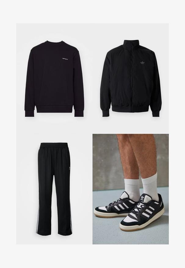 Schwarze Jacke mit Reißverschluss und hohem Kragen, aus leichtem Material gefertigt. Verfügt über elastische Bündchen und einen elastischen Saum, mit einem kleinen Logo oben links.; Schwarzes Sweatshirt aus weichem Material mit Rundhalsausschnitt, langen Ärmeln und gerippten Bündchen. Verfügt über ein kleines weißes Logo auf der Brust.; Schwarze Sporthosen mit elastischem Bund, ausgestattet mit weißen Seitenstreifen und einem kleinen Logo. Das Material wirkt weich und leicht.; Schwarz-weiße Sneaker mit einem Obermaterial aus Wildleder und Leder, ausgestattet mit drei weißen Streifen, einer perforierten Zehenpartie und einer Sohle aus Gummi.