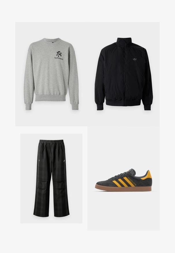 Black zipped jacket with high collar, made of lightweight material. Features elastic cuffs and waistband, with a small logo on the upper left.; Gray sweatshirt with a crew neck, ribbed cuffs, and hem. Features black graphics: an "R" and "No Problemo" on the left chest area.; Black plaid pants featuring an elastic waistband, two front pockets, and a loose fit with a straight leg design. Made from lightweight material.; Black suede sneaker with yellow accents, featuring three stripes and a brown rubber sole. Includes a padded tongue for comfort.