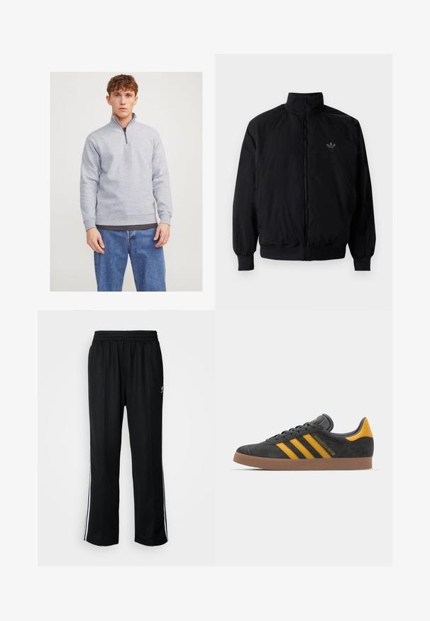 Black zipped jacket with high collar, made of lightweight material. Features elastic cuffs and waistband, with a small logo on the upper left.; Grey pullover sweatshirt with a half-zip collar, made from soft fabric. Features ribbed cuffs and hem, worn over a dark t-shirt and blue jeans.; Black athletic pants with an elastic waistband, featuring white side stripes and a small logo. Material appears soft and lightweight.; Black suede sneaker with yellow accents, featuring three stripes and a brown rubber sole. Includes a padded tongue for comfort.