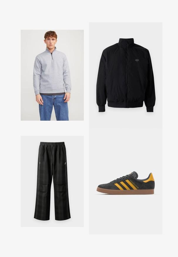 Black zipped jacket with high collar, made of lightweight material. Features elastic cuffs and waistband, with a small logo on the upper left.; Grey pullover sweatshirt with a half-zip collar, made from soft fabric. Features ribbed cuffs and hem, worn over a dark t-shirt and blue jeans.; Black plaid pants featuring an elastic waistband, two front pockets, and a loose fit with a straight leg design. Made from lightweight material.; Black suede sneaker with yellow accents, featuring three stripes and a brown rubber sole. Includes a padded tongue for comfort.