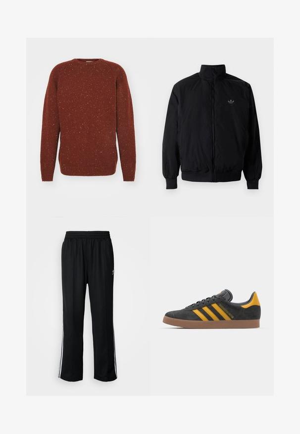 Black zipped jacket with high collar, made of lightweight material. Features elastic cuffs and waistband, with a small logo on the upper left.; Carhartt WIP ANGLISTIC - Jumper - speckled offroad; Black athletic pants with an elastic waistband, featuring white side stripes and a small logo. Material appears soft and lightweight.; Black suede sneaker with yellow accents, featuring three stripes and a brown rubber sole. Includes a padded tongue for comfort.