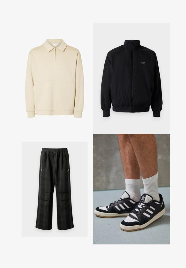 Chaqueta negra con cremallera y cuello alto, hecha de material ligero. Cuenta con puños y cinturilla elásticos, y un pequeño logo en la parte superior izquierda.; Sudadera pullover beige fabricada en tejido suave, con cuello con cremallera, collar y un corte relajado con un sencillo detalle de costura horizontal.; Pantalones de cuadros negros con cintura elástica, dos bolsillos frontales y un ajuste holgado con diseño de pierna recta. Fabricados en material ligero.; Zapatillas en blanco y negro con parte superior de ante y cuero, que presentan tres franjas blancas, una puntera perforada y una suela de goma.