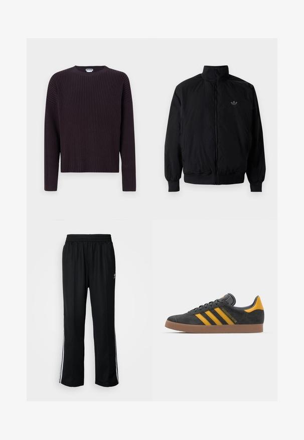 Black zipped jacket with high collar, made of lightweight material. Features elastic cuffs and waistband, with a small logo on the upper left.; Dark purple ribbed knit sweater with a round neckline and long sleeves, featuring a loose fit and textured fabric.; Black athletic pants with an elastic waistband, featuring white side stripes and a small logo. Material appears soft and lightweight.; Black suede sneaker with yellow accents, featuring three stripes and a brown rubber sole. Includes a padded tongue for comfort.