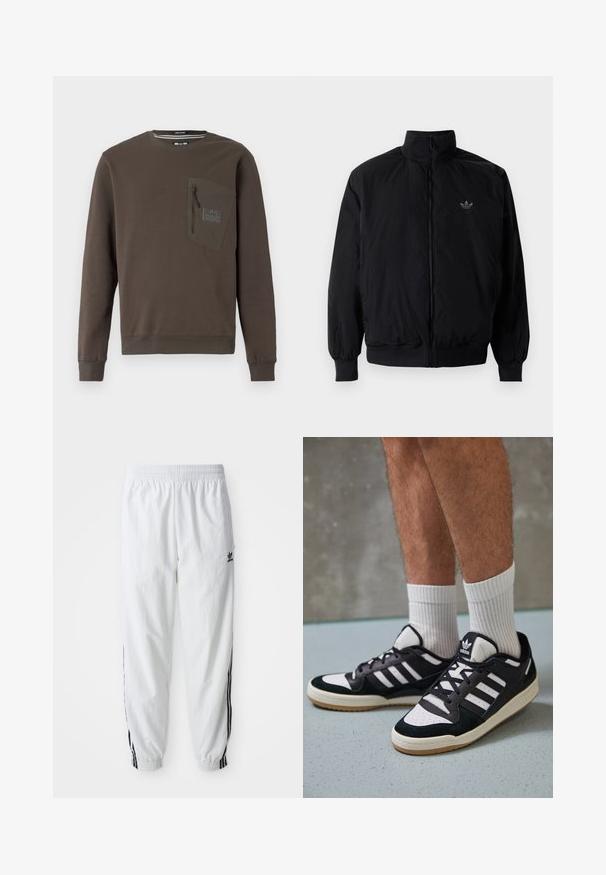 Musta vetoketjullinen takki, jossa on korkea kaulus, valmistettu kevyestä materiaalista. Varustettu joustavilla hihoilla ja vyötäröllä, ja ylävasemmalla on pieni logo.; Ruskea huppari, jossa on pyöreä kaula-aukko, pitkät hihat ja vetoketjullinen rintatasku. Sisältää teksturoidun tikkauksen sekä ribbiresorit helmassa ja hihoissa.; Valkoiset urheiluhousut, joissa on mustat sivupainatukset, joustava vyötärö ja hihnat; vasemmassa reidessä Adidas-logo. Suora kangastyyppi.; Valkoiset ja mustat tennarit, joissa on mokkanahka- ja nahkapäällinen, kolme valkoista raitaa, rei'itetty kärki ja kumipohja.