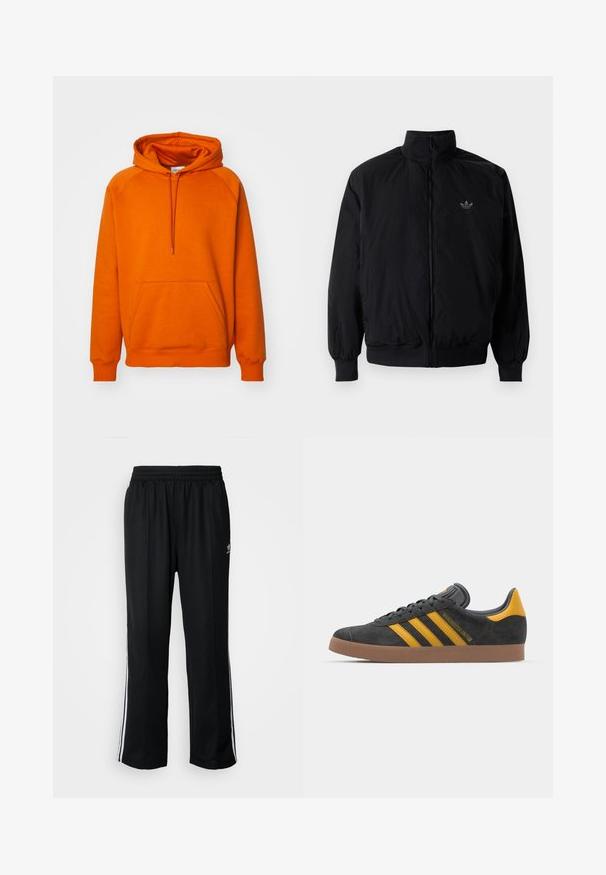 Black zipped jacket with high collar, made of lightweight material. Features elastic cuffs and waistband, with a small logo on the upper left.; Orange hoodie with a front kangaroo pocket, drawstring hood, and ribbed cuffs. Made of soft fabric with a smooth texture.; Black athletic pants with an elastic waistband, featuring white side stripes and a small logo. Material appears soft and lightweight.; Black suede sneaker with yellow accents, featuring three stripes and a brown rubber sole. Includes a padded tongue for comfort.