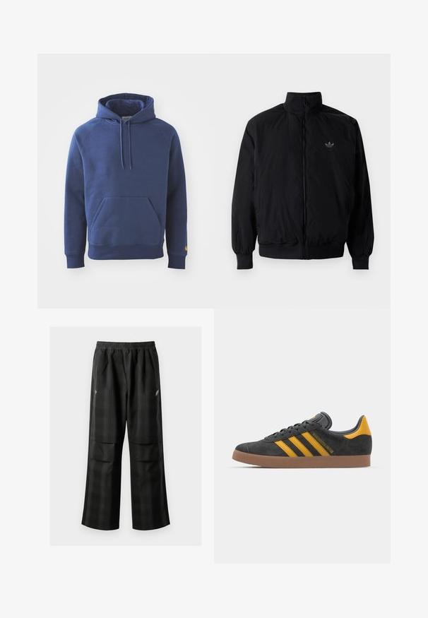 Musta vetoketjullinen takki, jossa on korkea kaulus, valmistettu kevyestä materiaalista. Varustettu joustavilla hihoilla ja vyötäröllä, ja ylävasemmalla on pieni logo.; Laiv Blue huppari, joka on valmistettu pehmeästä kankaasta. Siinä on etupuolella kengurutasku, ribbireunat ja kiristettävä huppu.; Mustat ruudulliset housut, joissa on joustava vyötärö, kaksi etutaskua ja rento istuvuus suoralla lahkeella. Valmistettu kevyestä materiaalista.; Mustat samettiset tennarit, joissa on keltaisia yksityiskohtia, kolmonen raita ja ruskea kumipohja. Sisältää pehmustetun kielisen mukavuutta varten.