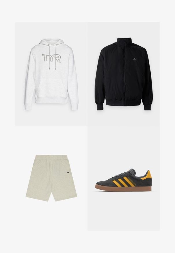 Černá zipová bunda s vysokým límcem, vyrobená z lehkého materiálu. Má elastické manžety a pas, s malým logem na horní levé straně.; Světle šedá mikina s kapucí vyrobená z měkké látky, s přední klokaní kapsou, šňůrkami na stažení a geometrickým logem "TYR" na hrudi.; Světlé šedé bavlněné šortky s elastickým pasem. Jednoduchý design, přímý střih, s malým černým logem na levé straně.; Černé semišové tenisky se žlutými akcenty, vybavené třemi pruhy a hnědou gumovou podrážkou. Obsahují polstrovaný jazyk pro pohodlí.