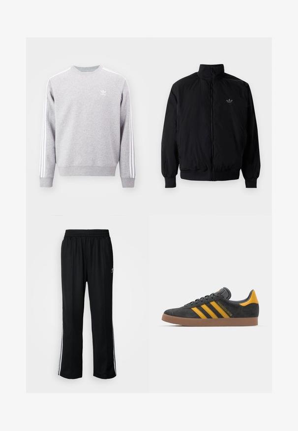 Svart zipjacka med hög krage, tillverkad av lätt material. Har elastiska cuffar och midja, med en liten logo på övre vänster.; Grå sweatshirt med rund hals, långa ärmar och vita sidostrecken. Litet vitt logotyp på bröstet. Mjukt material med ribbat avslut. ; Svarta träningsbyxor med elastisk midja, med vita sidostreck och en liten logotyp. Materialet verkar mjukt och lätt.; Svart mockaskor med gula accenter, med tre ränder och en brun gummisula. Inkluderar en vadderad tunga för extra komfort.