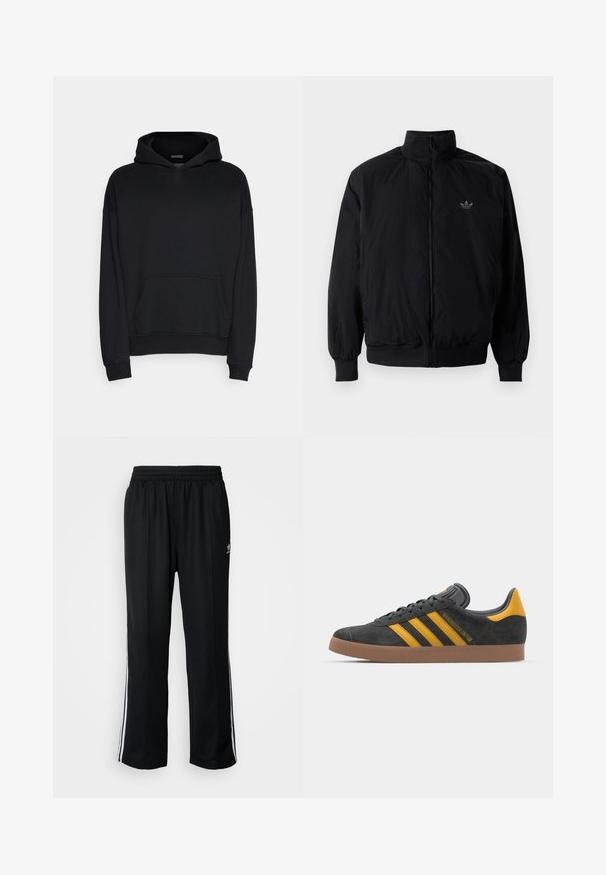 Giacca nera con zip e colletto alto, realizzata in materiale leggero. Presenta polsini e vita elastici, con un piccolo logo in alto a sinistra.; Felpa nera realizzata in tessuto misto cotone. Caratterizzata da una ampia tasca frontale, polsini a coste e cappuccio con lacci. Texture liscia.; Pantaloni da allenamento neri con elastico in vita, dotati di bande laterali bianche e un piccolo logo. Il materiale sembra morbido e leggero.; Sneaker in suede nero con dettagli gialli, dotato di tre strisce e una suola in gomma marrone. Include una linguetta imbottita per il comfort.