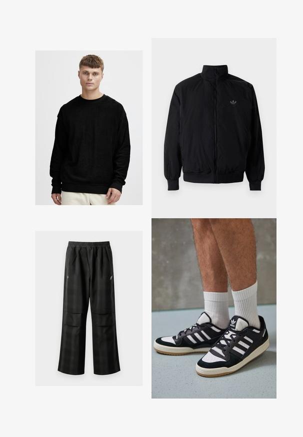 Black zipped jacket with high collar, made of lightweight material. Features elastic cuffs and waistband, with a small logo on the upper left.; Black long-sleeve sweatshirt in soft, textured fabric. Features a crew neckline and contrasting black ribbed cuffs and hem.; Black plaid pants featuring an elastic waistband, two front pockets, and a loose fit with a straight leg design. Made from lightweight material.; Black and white sneakers with a suede and leather upper, featuring three white stripes, a perforated toe, and a gum rubber sole.