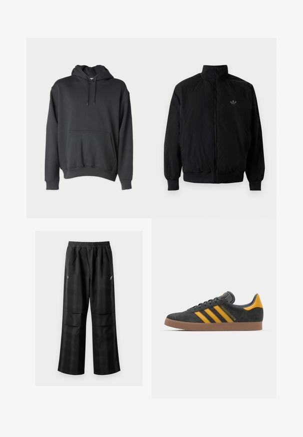 Black zipped jacket with high collar, made of lightweight material. Features elastic cuffs and waistband, with a small logo on the upper left.; Dark gray hoodie made of soft fabric, featuring a front pocket, drawstrings at the hood, and ribbed cuffs and hem.; Black plaid pants featuring an elastic waistband, two front pockets, and a loose fit with a straight leg design. Made from lightweight material.; Black suede sneaker with yellow accents, featuring three stripes and a brown rubber sole. Includes a padded tongue for comfort.