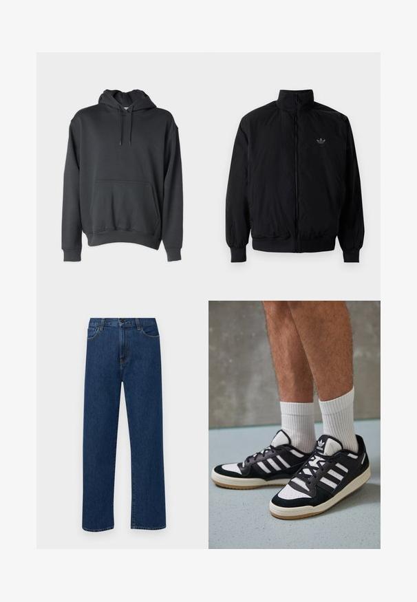 Chaqueta negra con cremallera y cuello alto, hecha de material ligero. Cuenta con puños y cinturilla elásticos, y un pequeño logo en la parte superior izquierda.; Sudadera gris oscuro hecha de tela suave, con un bolsillo frontal, cordones en la capucha y puños y dobladillo acanalados.; Jeans de denim de pierna recta en azul oscuro con bolsillos delanteros y cierre de botón, exhibidos sobre un fondo blanco liso.; Zapatillas en blanco y negro con parte superior de ante y cuero, que presentan tres franjas blancas, una puntera perforada y una suela de goma.