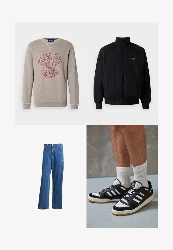 Svart zipjacka med hög krage, tillverkad av lätt material. Har elastiska cuffar och midja, med en liten logo på övre vänster.; Ljusgrå sweatshirt i mjukt material, med en rund logo i rött med texten "TWENTY TWO SCOTCH & SODA AMSTERDAM." Ribbat avslut på ärmar och fåll.; Blå högmidjade vida jeans i denim med framfickor, bältesloopar, knappstängning och liten Adidas-logga på högra låret.; Svartvita sneakers med ovandel i mocka och läder, med tre vita ränder, perforerad tå och sula av gummigummi.