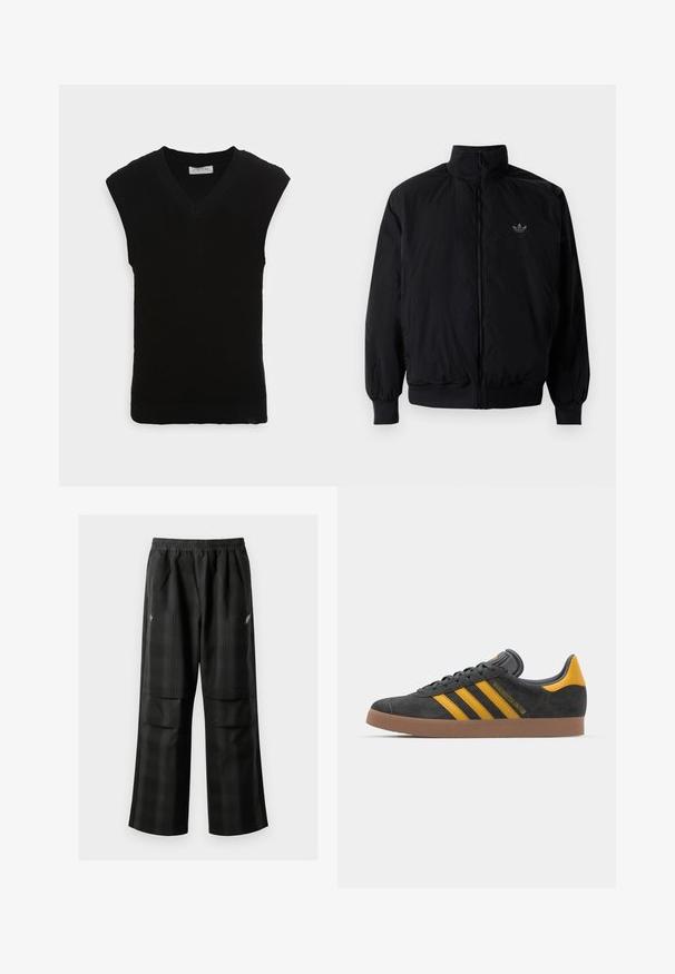Giacca nera con zip e colletto alto, realizzata in materiale leggero. Presenta polsini e vita elastici, con un piccolo logo in alto a sinistra.; Gilet nero senza maniche in maglia con scollatura a V e texture a costine, caratterizzato da un orlo liscio e senza ulteriori decorazioni.; Pantaloni a quadri neri con vita elasticizzata, due tasche frontali e una vestibilità ampia con design a gamba dritta. Realizzati in materiale leggero.; Sneaker in suede nero con dettagli gialli, dotato di tre strisce e una suola in gomma marrone. Include una linguetta imbottita per il comfort.