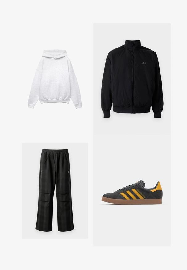 Musta vetoketjullinen takki, jossa on korkea kaulus, valmistettu kevyestä materiaalista. Varustettu joustavilla hihoilla ja vyötäröllä, ja ylävasemmalla on pieni logo.; Harmaa hupullinen collegepaita, valmistettu pehmeästä puuvillasekoitteesta. Sisältää etutaskun, resorit hihoissa ja helman kohdalla. Rentoa mitoitusta, ilman kuvioita tai korostuksia.; Mustat ruudulliset housut, joissa on joustava vyötärö, kaksi etutaskua ja rento istuvuus suoralla lahkeella. Valmistettu kevyestä materiaalista.; Mustat samettiset tennarit, joissa on keltaisia yksityiskohtia, kolmonen raita ja ruskea kumipohja. Sisältää pehmustetun kielisen mukavuutta varten.