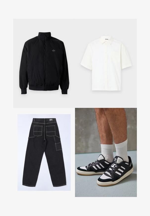 Black zipped jacket with high collar, made of lightweight material. Features elastic cuffs and waistband, with a small logo on the upper left.; Short-sleeve, button-up shirt in off-white cotton. Features a collar and a left chest pocket with a simple design and soft texture.; Black denim trousers with a relaxed fit, featuring multiple pockets, visible stitching, and a straight leg design.; Black and white sneakers with a suede and leather upper, featuring three white stripes, a perforated toe, and a gum rubber sole.