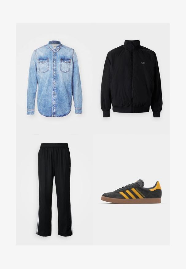 Crna jakna na zip s visokim ovratnikom, izrađena od laganog materijala. Ima elastične manžete i pojas, s malim logotipom na gornjem lijevom dijelu.; Svijetloplava traper košulja dugih rukava, s kragnom na dugme, dva džepa na prsima i kontrastnim šavovima. Zaobljeni rub i klasičan kroj.; Crne sportske hlače s elastičnom trakom oko struka, s bijelim bočnim prugama i malim logotipom. Materijal izgleda mekan i lagan.; Crne nubuk tenisice s žutim detaljima, sa tri pruge i smešnim gumenim potplatom. Imaju jastučić na jeziku za udobnost.