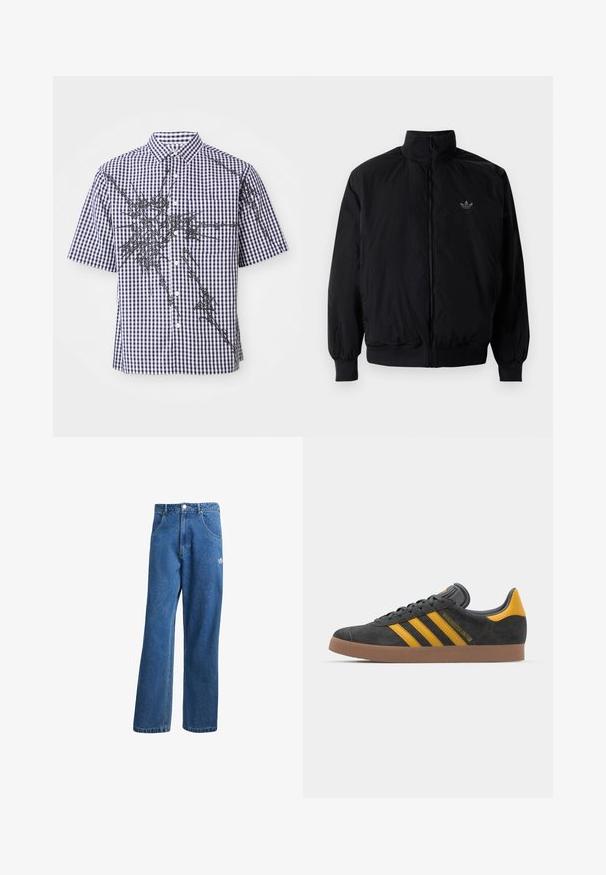 Musta vetoketjullinen takki, jossa on korkea kaulus, valmistettu kevyestä materiaalista. Varustettu joustavilla hihoilla ja vyötäröllä, ja ylävasemmalla on pieni logo.; Lyhythihainen nappipaida, jossa on tummansininen ja valkoinen ruudullinen kuosi sekä epäsäännölliset mustat abstraktit graafiset viivat edessä ja hihoissa.; Siniset korkeavyötäröiset leveälahkeiset farkut, joissa on etupussit, vyölenkit, napitus ja pieni Adidas-logo oikeassa reidessä.; Mustat samettiset tennarit, joissa on keltaisia yksityiskohtia, kolmonen raita ja ruskea kumipohja. Sisältää pehmustetun kielisen mukavuutta varten.
