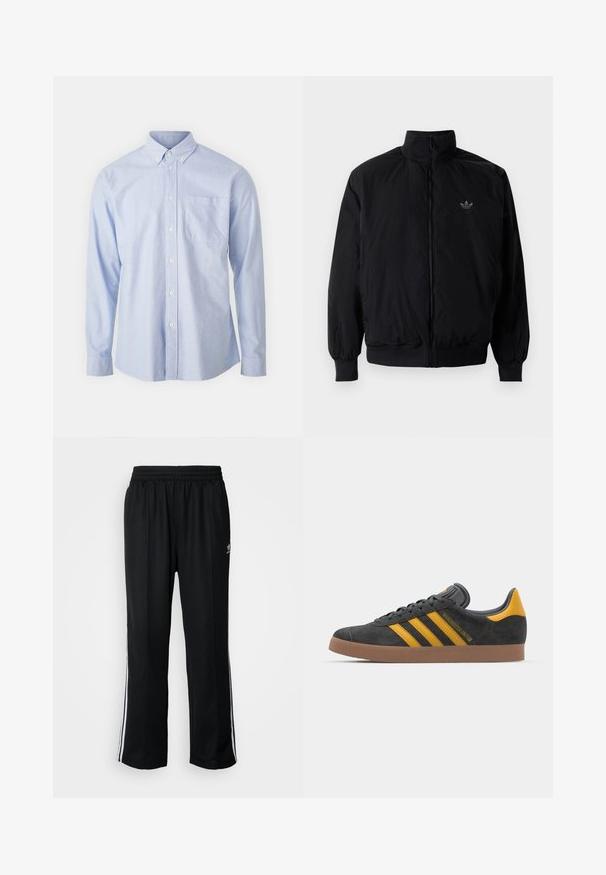 Černá zipová bunda s vysokým límcem, vyrobená z lehkého materiálu. Má elastické manžety a pas, s malým logem na horní levé straně.; Modrá košile na knoflíky vyrobená z lehkého materiálu, se špičatým límečkem, dlouhými rukávy a jednou náprsní kapsou.; Černé sportovní kalhoty s elastickým pasem, s bílými bočními pruhy a malým logem. Materiál vypadá měkce a lehce.; Černé semišové tenisky se žlutými akcenty, vybavené třemi pruhy a hnědou gumovou podrážkou. Obsahují polstrovaný jazyk pro pohodlí.
