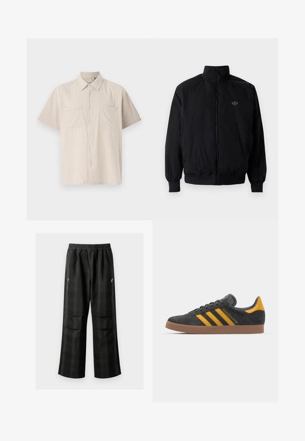 Black zipped jacket with high collar, made of lightweight material. Features elastic cuffs and waistband, with a small logo on the upper left.; Short-sleeve button-up shirt in light beige with a textured fabric, two front chest pockets, and a pointed collar.; Black plaid pants featuring an elastic waistband, two front pockets, and a loose fit with a straight leg design. Made from lightweight material.; Black suede sneaker with yellow accents, featuring three stripes and a brown rubber sole. Includes a padded tongue for comfort.