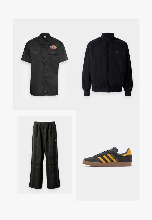 Schwarze Jacke mit Reißverschluss und hohem Kragen, aus leichtem Material gefertigt. Verfügt über elastische Bündchen und einen elastischen Saum, mit einem kleinen Logo oben links.; Schwarzes Kurzarmhemd aus strapazierfähigem Material, mit zwei Brusttaschen, Knopfleiste und einem bunten Logo auf der linken Brust.; Schwarze karierte Hosen mit elastischem Bund, zwei Fronttaschen und lockerer Passform im geraden Beinschnitt. Hergestellt aus leichtem Material.; Schwarze Wildledersneaker mit gelben Akzenten, ausgestattet mit drei Streifen und einer braunen Gummisohle. Enthält eine gepolsterte Zunge für zusätzlichen Komfort.