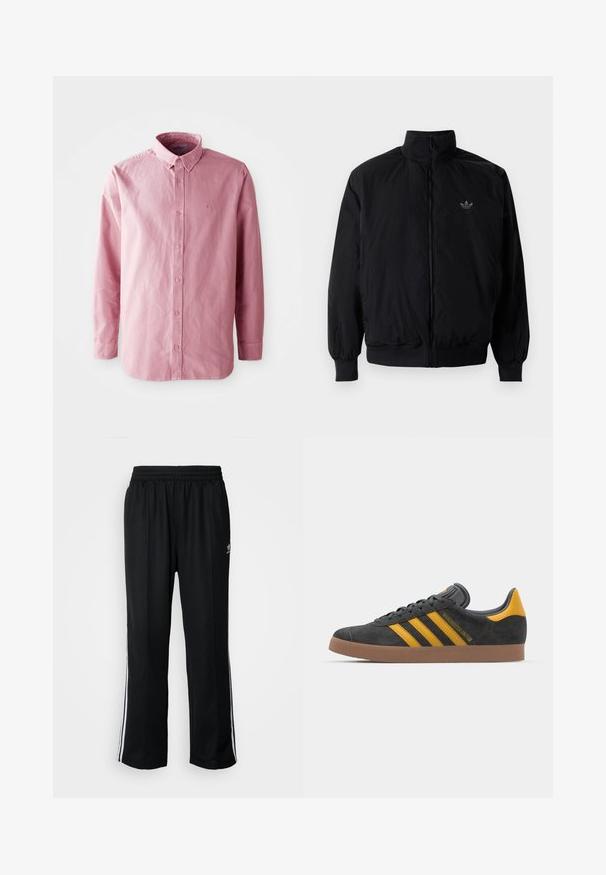 Czarna kurtka zapinana na zamek z wysokim kołnierzem, wykonana z lekkiego materiału. Posiada elastyczne mankiety i pas, oraz małe logo na górnej lewej stronie.; Koszula z długim rękawem, zapinana na guziki, w jasnoróżowym materiale. Posiada klasyczny kołnierzyk, sześć guzików z przodu oraz subtelne logo na piersi.; Czarne sportowe spodnie z elastycznym paskiem w talii, z białymi paskami po bokach i małym logo. Materiał wydaje się miękki i lekki.; Czarne zamszowe sneakersy z żółtymi akcentami, z trzema paskami i brązową gumową podeszwą. Posiadają wyściełany język dla większego komfortu.