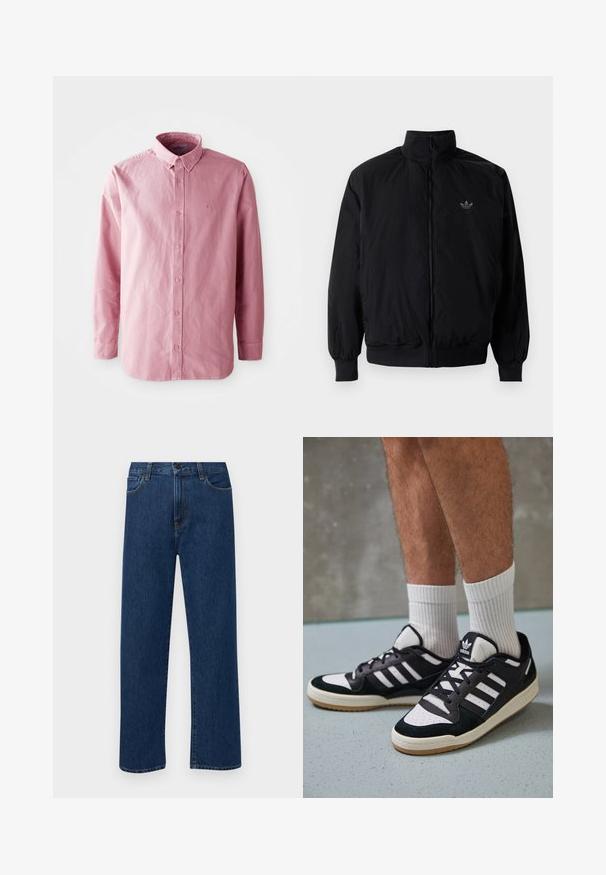 Crna jakna na zip s visokim ovratnikom, izrađena od laganog materijala. Ima elastične manžete i pojas, s malim logotipom na gornjem lijevom dijelu.; Košulja dugih rukava na dugme od svjetlo ružičaste tkanine. Ima klasičan ovratnik, šest dugmadi sprijeda i suptilan logo na prsima.; Tamno plave traperice ravnog kroja s prednjim džepovima i kopčanjem na dugme, prikazane na jednostavnoj bijeloj pozadini.; Crne i bijele tenisice s gornjim dijelom od antilopa i kože, s tri bijele pruge, perforiranim prstom i gumiranim potplatom.