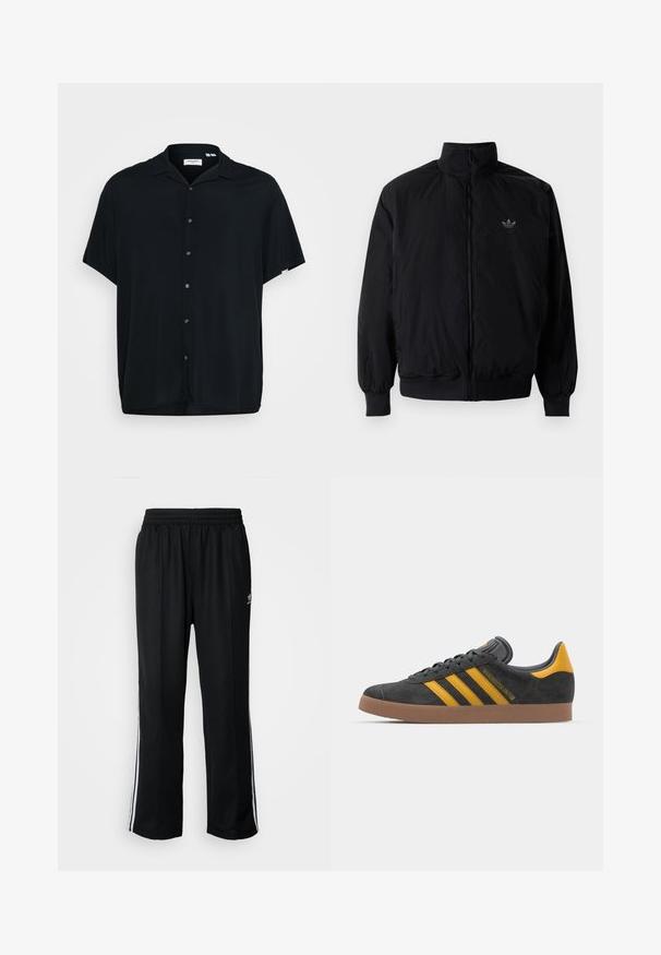 Crna jakna na zip s visokim ovratnikom, izrađena od laganog materijala. Ima elastične manžete i pojas, s malim logotipom na gornjem lijevom dijelu.; Crna košulja kratkih rukava s dugmadi izrađena od lagane tkanine. Ima široki ovratnik, prednje dugmad i ležeran kroj.; Crne sportske hlače s elastičnom trakom oko struka, s bijelim bočnim prugama i malim logotipom. Materijal izgleda mekan i lagan.; Crne nubuk tenisice s žutim detaljima, sa tri pruge i smešnim gumenim potplatom. Imaju jastučić na jeziku za udobnost.