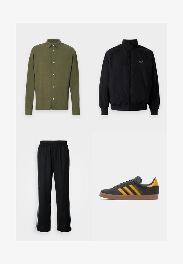 Čierna zips kombinéza s vysokým golierom, vyrobená z ľahkého materiálu. Obsahuje elastické manžety a pás, s malým logom na hornej ľavej strane.; Olivovo zelená košeľa s dlhými rukávmi, zapínaná na gombíky, so špicatým golierom a jemným textúrovaným vzorom látky, zobrazená na neutrálnom pozadí.; Čierne športové nohavice s elastickým pásom, s bielymi bočnými prúžkami a malým logom. Materiál vyzerá byť mäkký a ľahký.; Čierne semišové tenisky so žltými akcentmi, ktoré majú tri pruhy a hnedú gumovú podrážku. Obsahujú vypolstrovaný jazyk pre pohodlie.