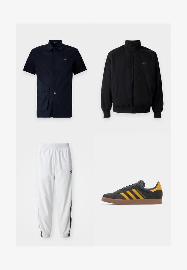 Svart zipjacka med hög krage, tillverkad av lätt material. Har elastiska cuffar och midja, med en liten logo på övre vänster.; Kortärmad marinblå skjorta med knappar i bomull, med en ficka på vänster sida och en liten logotyp på bröstet.; Vitaidiga byxor med svarta sidostrecker, elastisk midja och muddar; har Adidas-logga på vänster lår. Slät tygtextur.; Svart mockaskor med gula accenter, med tre ränder och en brun gummisula. Inkluderar en vadderad tunga för extra komfort.