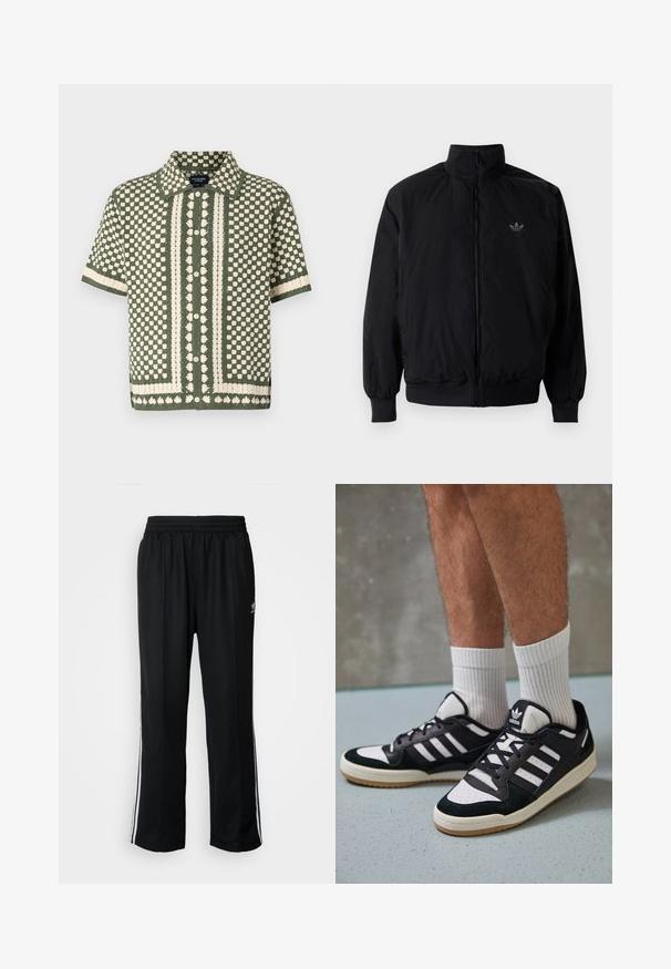 Black zipped jacket with high collar, made of lightweight material. Features elastic cuffs and waistband, with a small logo on the upper left.; Short-sleeve, green knit shirt featuring a cream polka dot and floral pattern, complete with a buttoned front and classic collar.; Black athletic pants with an elastic waistband, featuring white side stripes and a small logo. Material appears soft and lightweight.; Black and white sneakers with a suede and leather upper, featuring three white stripes, a perforated toe, and a gum rubber sole.