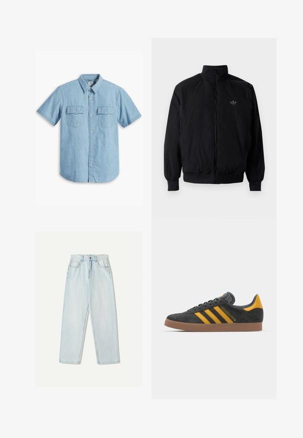 Giacca nera con zip e colletto alto, realizzata in materiale leggero. Presenta polsini e vita elastici, con un piccolo logo in alto a sinistra.; Camicia azzurra a maniche corte con bottoni, realizzata in denim, con due tasche sul petto con cuciture verticali e colletto classico.; Jeans in denim azzurro chiaro con una vestibilità comoda, design a gamba dritta, stile a cinque tasche e leggere sfumature sul tessuto.; Sneaker in suede nero con dettagli gialli, dotato di tre strisce e una suola in gomma marrone. Include una linguetta imbottita per il comfort.