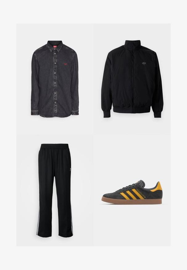 Schwarze Jacke mit Reißverschluss und hohem Kragen, aus leichtem Material gefertigt. Verfügt über elastische Bündchen und einen elastischen Saum, mit einem kleinen Logo oben links.; Diesel SIMPLY - Hemd - black; Schwarze Sporthosen mit elastischem Bund, ausgestattet mit weißen Seitenstreifen und einem kleinen Logo. Das Material wirkt weich und leicht.; Schwarze Wildledersneaker mit gelben Akzenten, ausgestattet mit drei Streifen und einer braunen Gummisohle. Enthält eine gepolsterte Zunge für zusätzlichen Komfort.